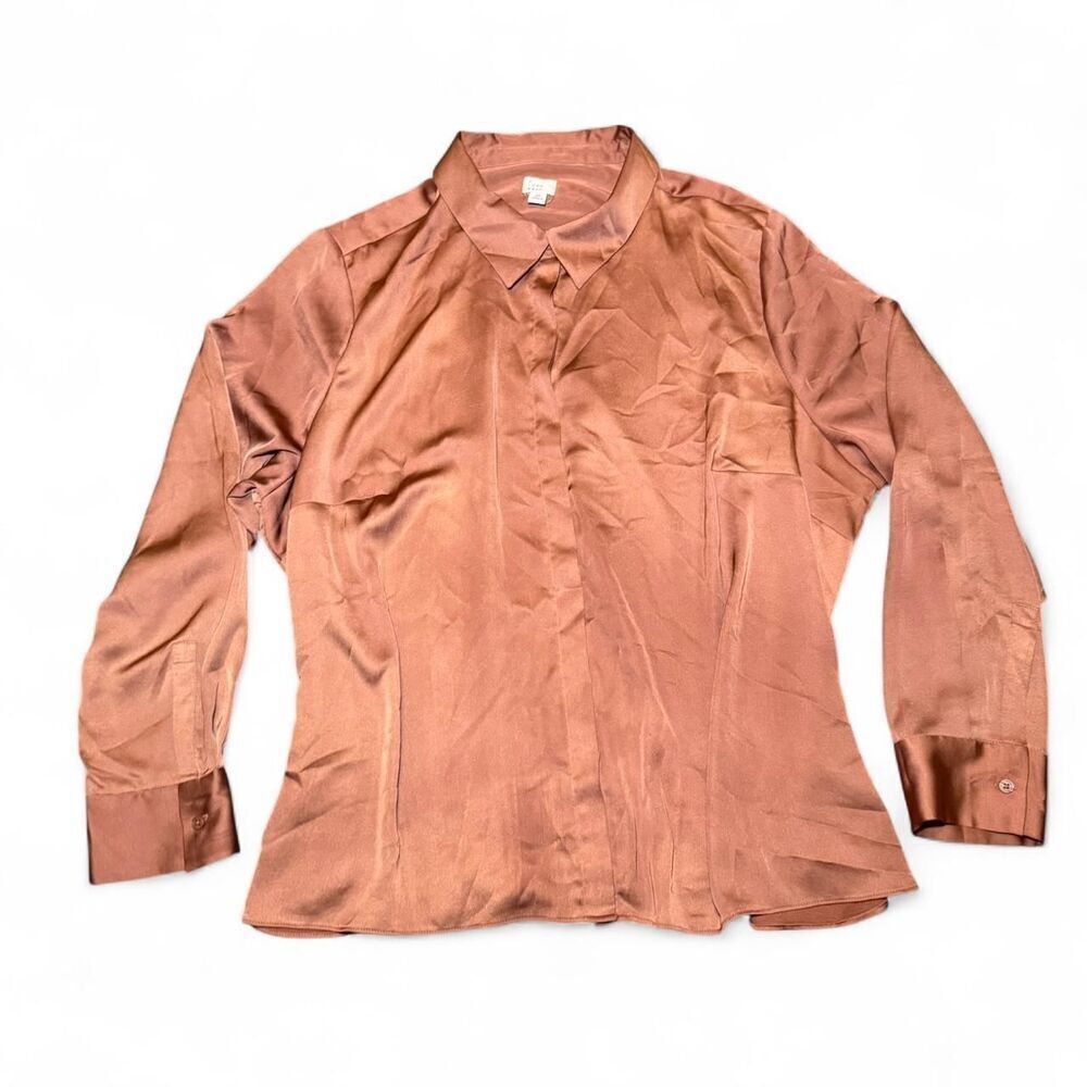 A New Day Women’s 2X Brown Satin Button Down Blouse Long Sleeve Plus